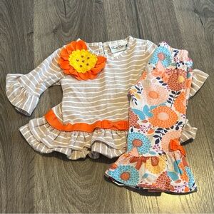 Rare Editions Beige Striped Top and Floral Pants Set 12m Baby Girl